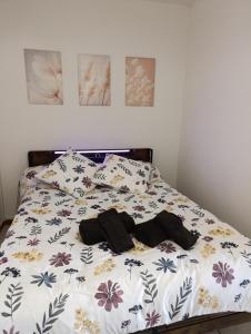 a bed with two pillows on top of it at Cozy apartment, WiFi, garage, quiet city center in Ribérac