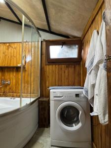 a washing machine in a bathroom with a shower at İncir Bungalov Karavan Park Efes-Kuşadası in Aydın