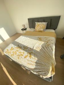 a bed with a blanket on top of it at Appartement T2 cosy au calme in Épinay-sur-Orge