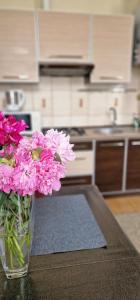 a vase of pink flowers sitting on a table in a kitchen at City Center Apartament in Ternopil
