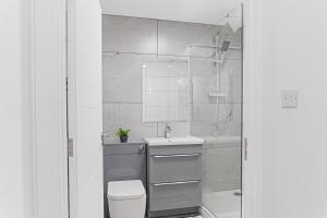 ein Badezimmer mit Toilette, Waschbecken und Dusche in der Unterkunft 2 Bed Apartment Near City Centre - on street parking in Birmingham