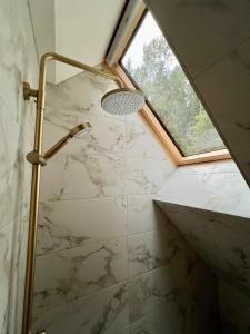 沃鲁Cozy cottage by the lake, next to the old watermill的带窗户的浴室里的淋浴 更多27张照片