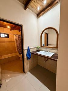 a bathroom with a sink and a mirror and a tub at Los Leños in Tafí del Valle