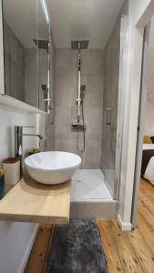 une salle de bain avec un lavabo blanc et une douche dans l'établissement La belle chambre au fil de l'eau, à Douai 6 autres photos