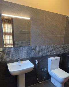 a bathroom with a sink and a toilet and a mirror at Lake View By IJ in Nuwara Eliya