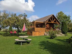 a log cabin with a picnic table and a pink umbrella at Le Coquelicot - Châlet avec SPA in Trainel