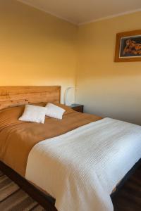 Un dormitorio con una cama grande con dos almohadas. en Confortable cabaña de campo, en Coyhaique 15 fotos más