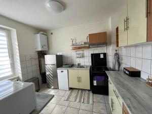 a kitchen with white appliances and wooden cabinets at Chez Céline in Colmar