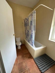 a bathroom with a tub and a toilet and a shower curtain at Casa rural habitaciones Dar Alpujarra in Órgiva +32 photos