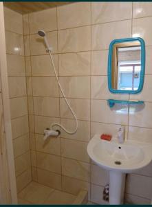 Un baño con ducha con lavabo y espejo. en Келечин 95, en Kelechin