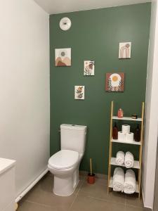 a bathroom with a toilet and a green wall at Un cocon tout confort à La Rochelle - proche gare & plages in La Rochelle