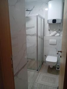 a bathroom with a glass shower and a toilet at AiM apartman Bjelasnica in Bjelašnica +4 photos