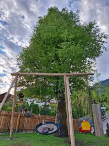 a baby sitting on a swing in a yard at Das Steinmetzhäuschen in Virgen