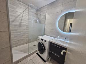 a bathroom with a washing machine and a mirror at Appartement Hyper centre avec garage in Saint-Étienne +10 photos