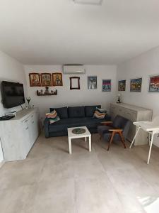 een woonkamer met een blauwe bank en een tv bij Vikendica Blagojević Čačak in Čačak +37 foto's