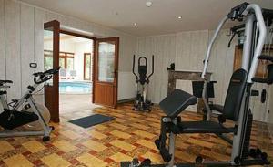 a room with a gym with exercise bikes and a fireplace at Hôtel/Restaurant à la Ferme in Ferrières