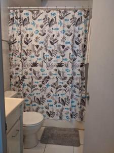 une salle de bain avec un rideau de douche et des toilettes dans l'établissement Beautiful apartment in Condado with beach access!, à Jayuya