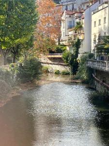 a river in a city with buildings and trees at Aparthotel New Palmarium in Amélie-les-Bains-Palalda