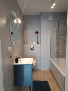 łazienka z umywalką, lustrem i prysznicem w obiekcie NOWY Apartament Bitwy Warszawskiej w Siedlcach