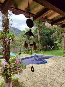 a view of a swimming pool in a yard at Hostel Chácara Felicidade in Iguape