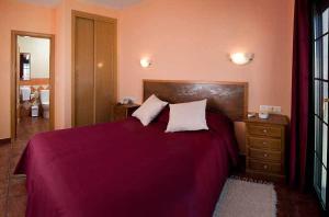 Cuesta de la PalmaにあるHotel Ruta del Ponienteのベッドルーム1室(紫色のシーツと枕が備わる大型ベッド1台付)