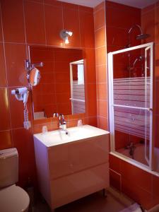 uma casa de banho com um lavatório, um espelho e um WC. em Logis Hotel Des Voyageurs em Livron-sur-Drôme