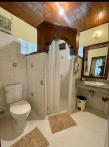 een badkamer met een toilet, een douche en een spiegel bij Harmony Home in Hang Dong