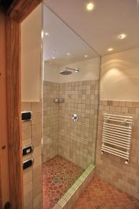 a bathroom with a shower with a glass door at Garnì Ladin in Vigo di Fassa