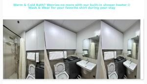 bagno con 3 servizi igienici, 2 lavandini e specchi di Eu & El Cozy Condo a Manila