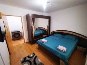 a bedroom with a blue bed and a mirror at Ramona&Alin in Craiova