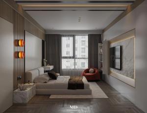 Una sala de estar con una cama y un televisor. en The Obsidian Sky Hanoi-Chic Loft with Rooftop Pool-Near Street Food, en Hanói