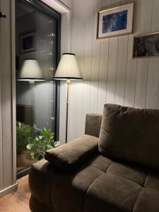 a living room with a couch and a lamp at Ozola stāsts atpūtas namiņš in Penderi