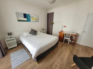 Un dormitorio con una cama, un escritorio y una silla. en T2 Brest centre " Notre bout du monde", en Brest