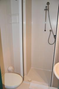 a bathroom with a shower with a toilet and a sink at ARC Hotel in Halle an der Saale +22 photos