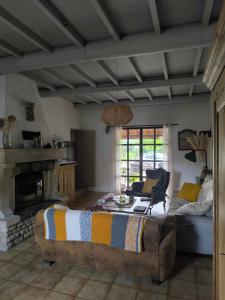 Gîte en Provence في كافايو: غرفة معيشة مع أريكة ومدفأة