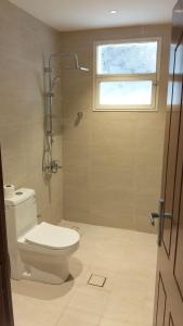 a bathroom with a toilet and a shower and a window at رير بلو دايموند 2 للشقق المخدومة تصنيف اقتصادي in Taif