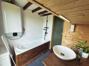 a bathroom with a bath tub and a sink at Vízivilág Vendégház és Halastó in Nagyvázsony +24 photos