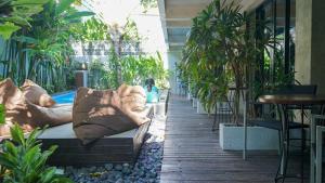 Un patio con plantas y un sofá en un jardín. en Saxy Stay Seminyak, en Seminyak
