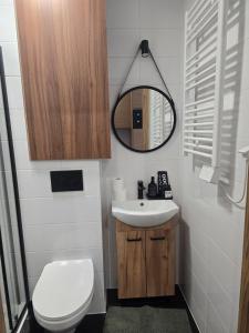 a bathroom with a toilet and a sink and a mirror at MH Apartment in Rzeszów +17 photos