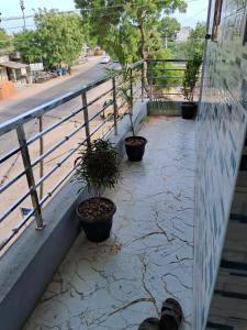 a walkway with potted plants on a balcony at LAKSH COTT Home Stay in Arumuganeri +5 photos