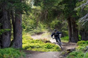 a man riding a bike down a dirt trail at Casa Partnun 2-9 in Laax-Murschetg