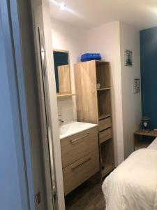 a small bathroom with a sink and a mirror at Villa Blanche appartement 2 in Le Mont-Dore