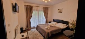 un dormitorio con una cama y una ventana en Pensiunea Gold, en Durau