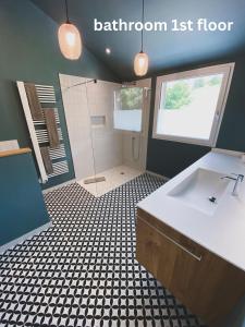 a bathroom with a white sink and a shower at Refugium im Wald in Riefensberg