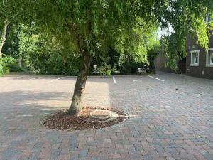a tree in the middle of a brick parking lot at Ferienwohnung Hotel Preyt in Holtland