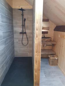 a bathroom with a shower in a wooden cabin at Gîte Le Lac à La Dame in Foncine-le-Bas