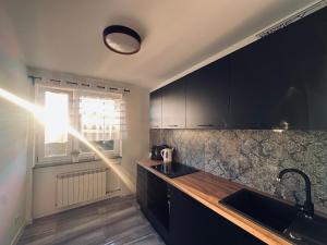 a kitchen with black cabinets and a window at Apartament in Tarnowskie Góry