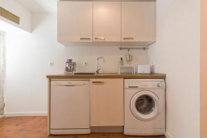 Central Lisbon Stay with Terrace في لشبونة: مطبخ مع حوض وغسالة ملابس