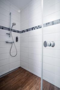 a bathroom with a shower with a glass door at City Park Apartments - Hafenruhe in Großpösna +20 photos