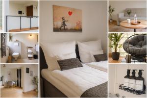 a collage of pictures of a bedroom with a bed at AMA Home AMALI - Geräumiges Apartment mit Balkon & Parkplatz - Perfekt für Business & Erholung in Hiddenhausen